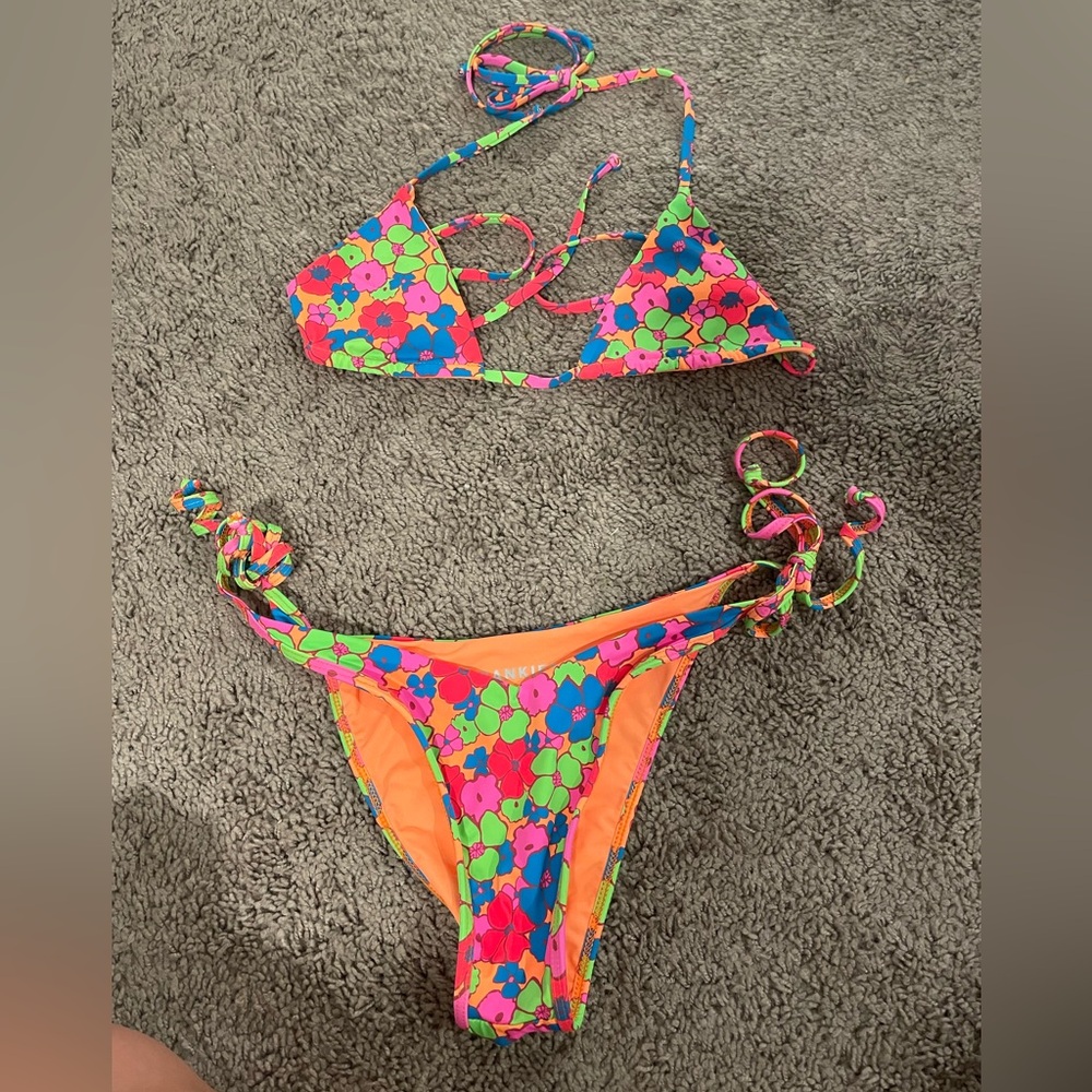 Frankie's Bikinis Neon Orange Multicolor Floral Triangle Bikini